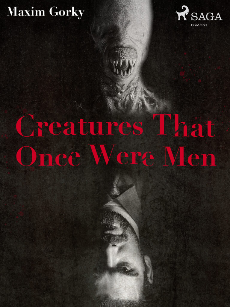 Bogdesign af skønlitterær bog i gysergenren med et monster og en mand med sort baggrund