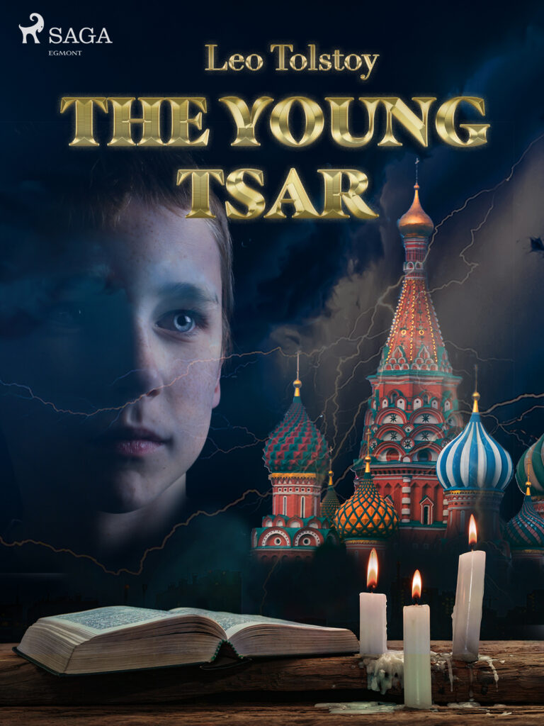 Bogdesign af skønlitterær bog med en ung dreng og et russisk slot, stearinlys og en åben bog