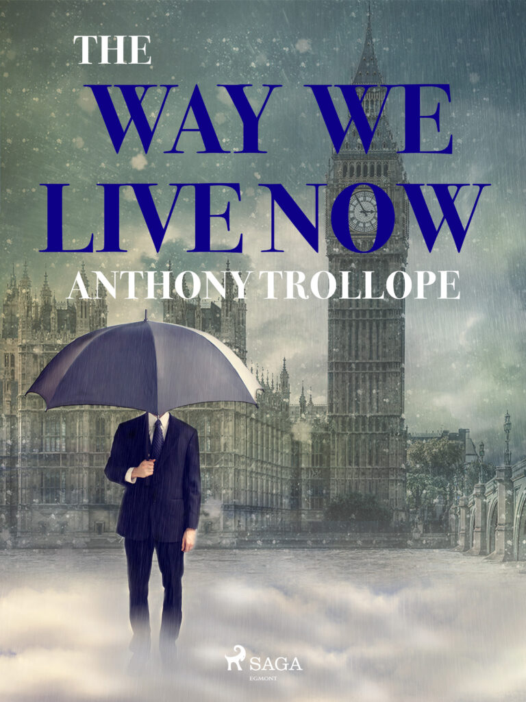 Bogdesign af skønlitterær bog med en mand i jakkesæt og står under paraply med London i baggrunden