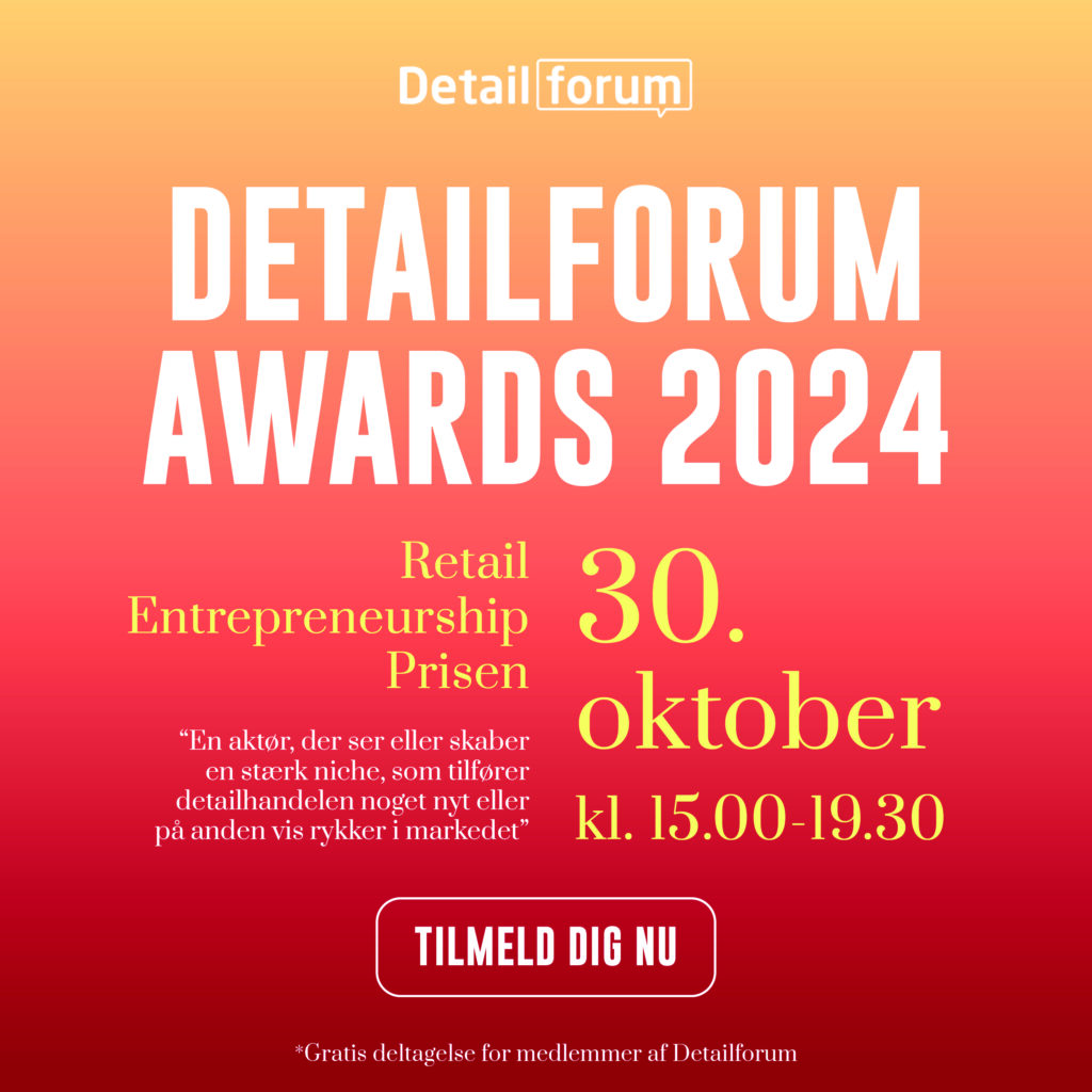 SoMe annonce til Detailforum awards 2024. Annoncen har en gradient af rød og orange med store hvide bogstaver og noget gult tekst som er deres nye visuelle identitet