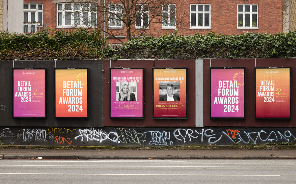 Grafisk design af 6 trykte plakater der hænger i København med artwork til Detailforum awards 2024 som viser deres nye visuelle identitet