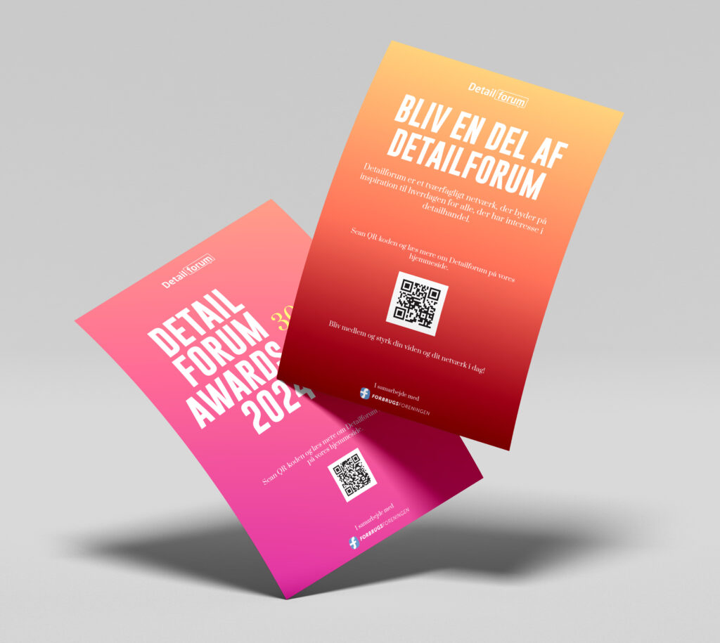 Flyers med gradienter i lyserød, orange og røde farver for Detailforum awards 2024 nye visuelle identitet