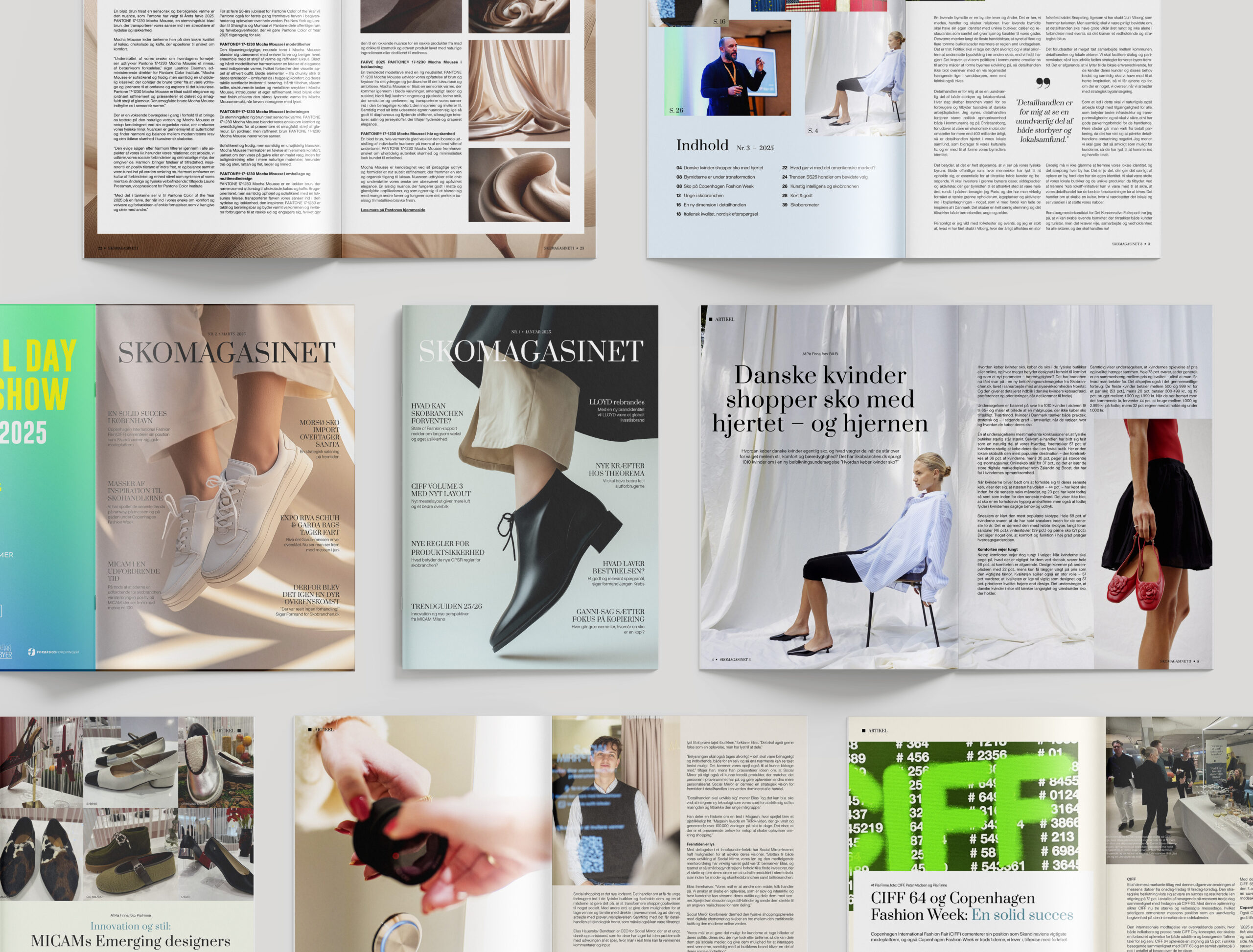 Covers og layout af sider inde i Skomagasinet. Der er forskellige billeder af sko.